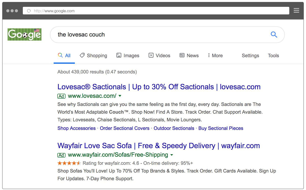 In this next example, Wayfair, is violating Google's trademark rules.