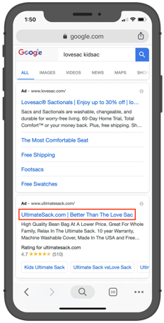 On this mobile SERP, Ultimate Sack is breaking Google's trademark rules by using the trademarked term "Love Sac" in their ad title.