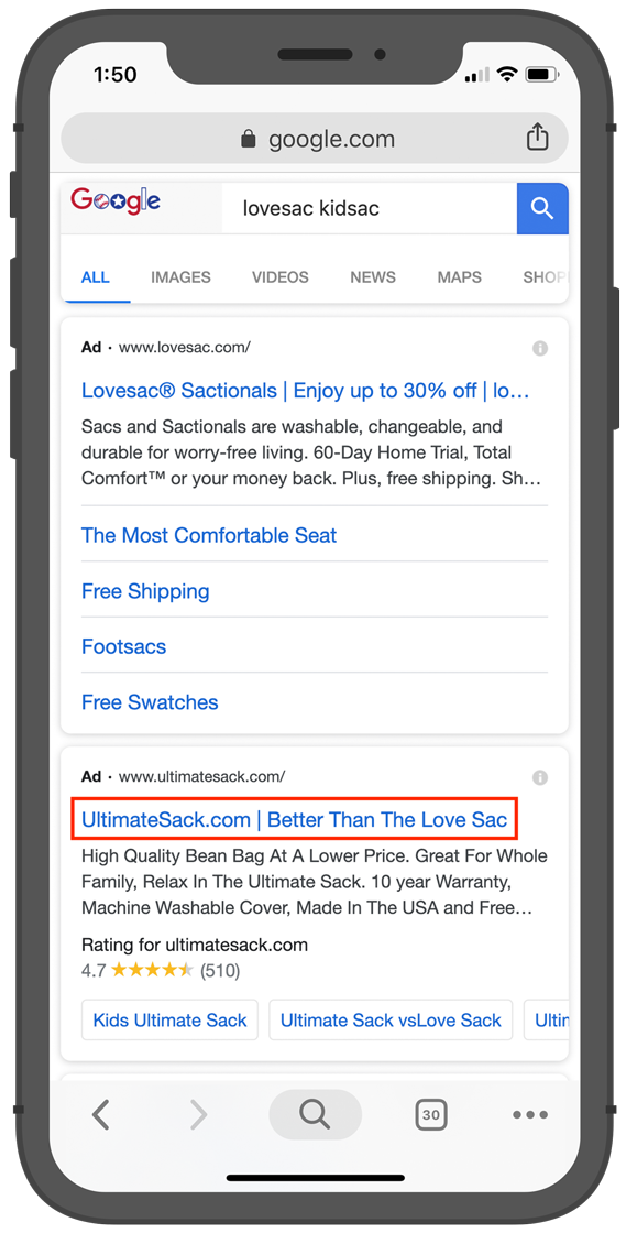 On this mobile SERP, Ultimate Sack is breaking Google's trademark rules by using the trademarked term "Love Sac" in their ad title.