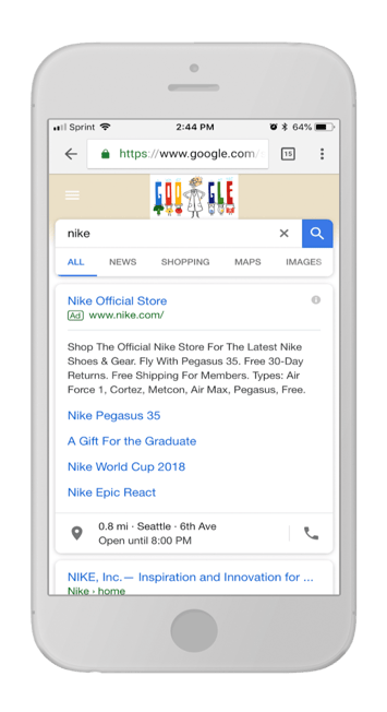 Mobile SERP for the query using "nike"