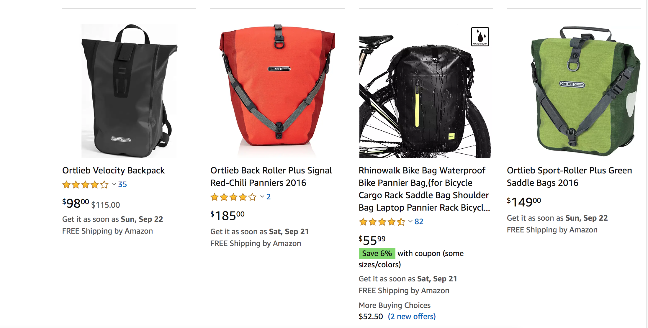 Amazon results are showing Ortlieb bags alongside the bags of competitors.  