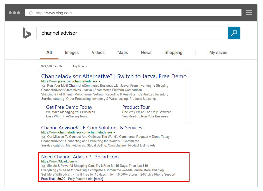 3dcart advertises on Channel Advisor's branded keywords